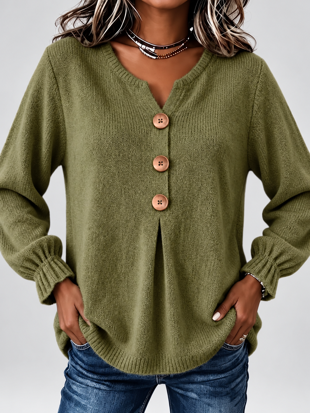 Women's Relaxed Knitted Jumper with Split Neck & Button Detail in Army Green – front detail