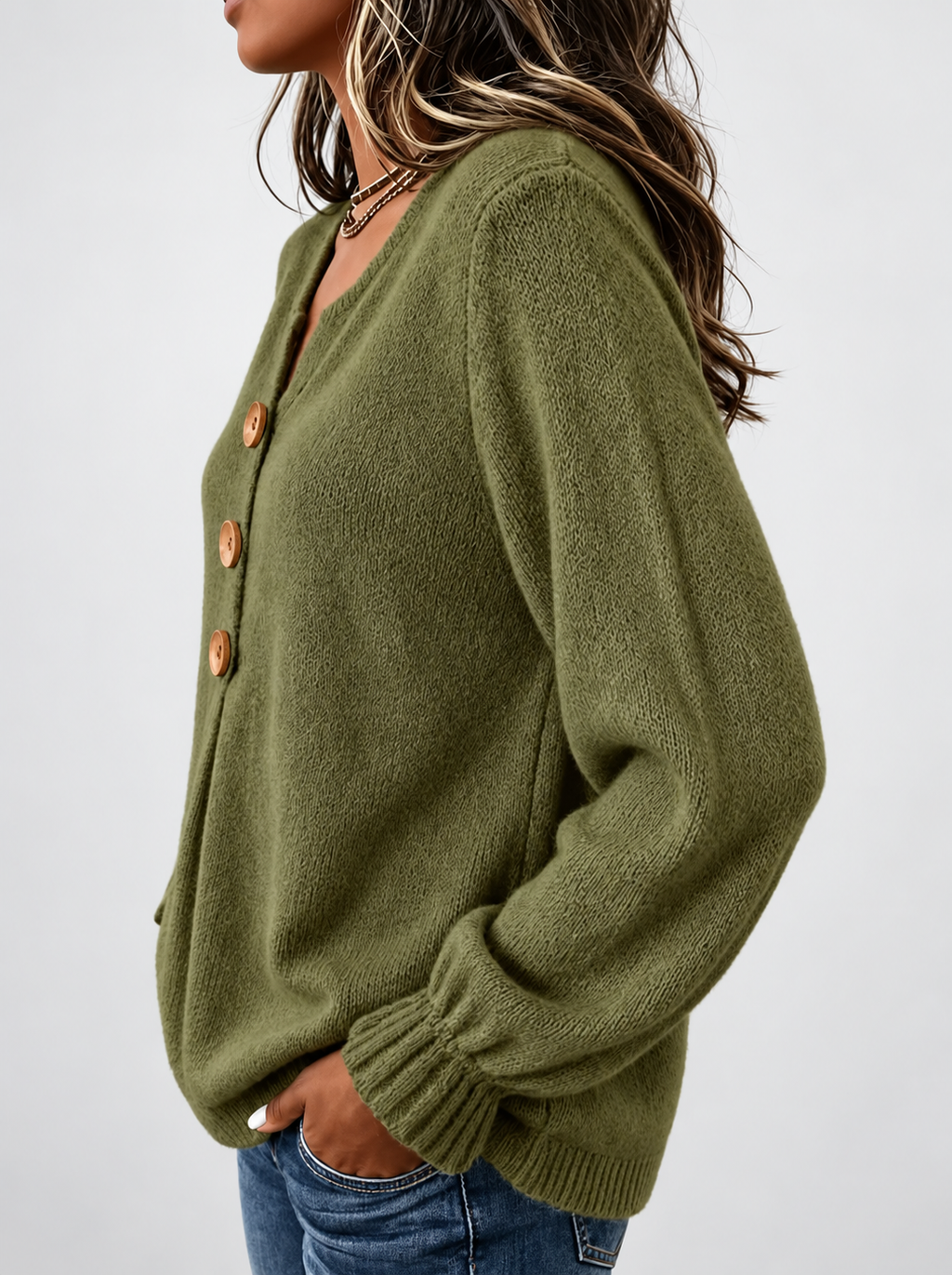 Women's Relaxed Knitted Jumper with Split Neck & Button Detail in Army Green – side view