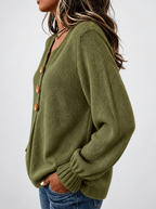 Women's Relaxed Knitted Jumper with Split Neck & Button Detail in Army Green – side view