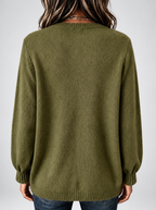 Women's Relaxed Knitted Jumper with Split Neck & Button Detail in Army Green – back view