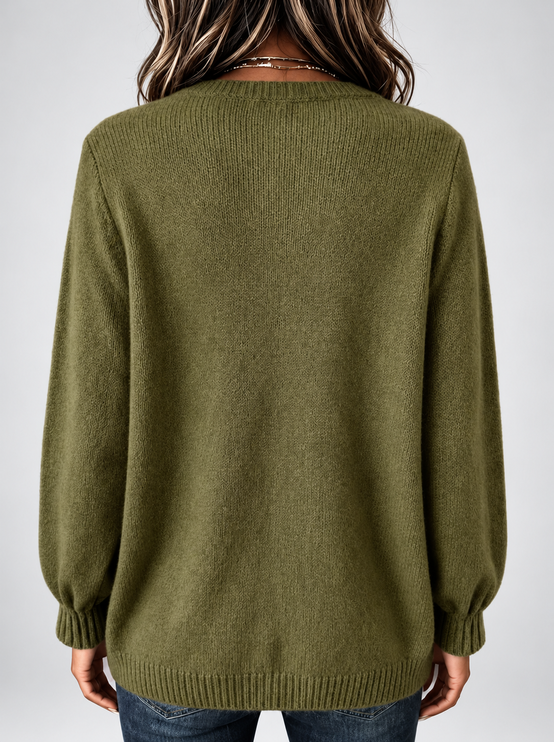 Women's Relaxed Knitted Jumper with Split Neck & Button Detail in Army Green – back view