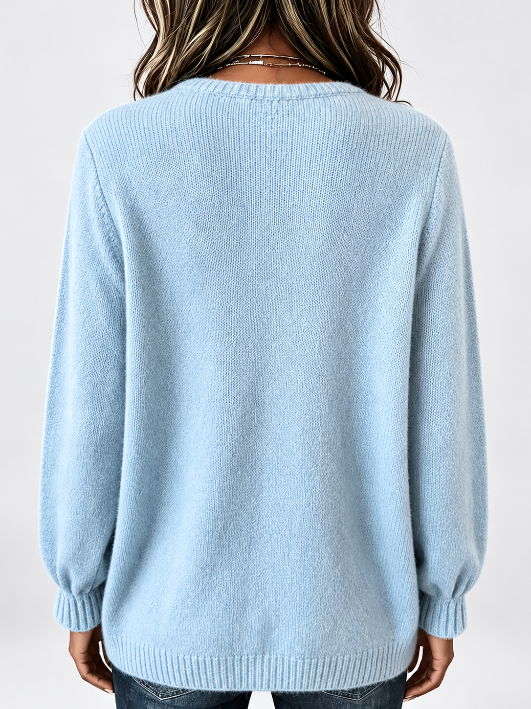 Women's Relaxed Knitted Jumper with Split Neck & Button Detail in Blue – back view
