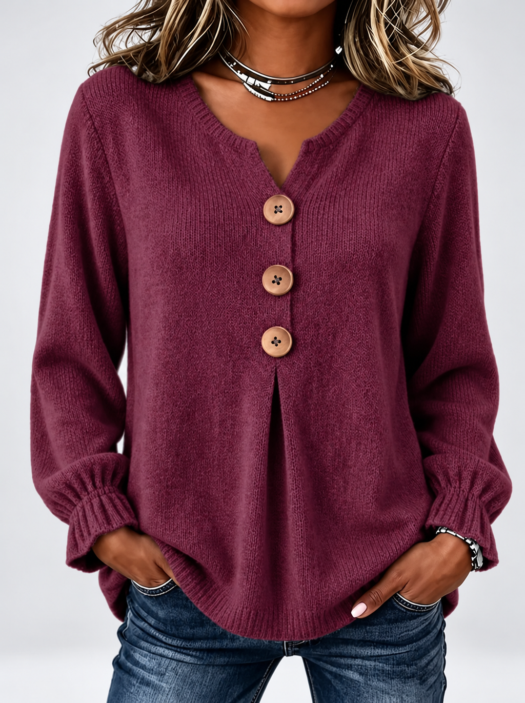Women's Relaxed Knitted Jumper with Split Neck & Button Detail in Burgundy – front view
