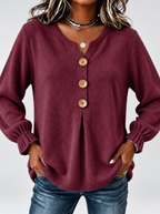 Women's Relaxed Knitted Jumper with Split Neck & Button Detail in Burgundy – front detail