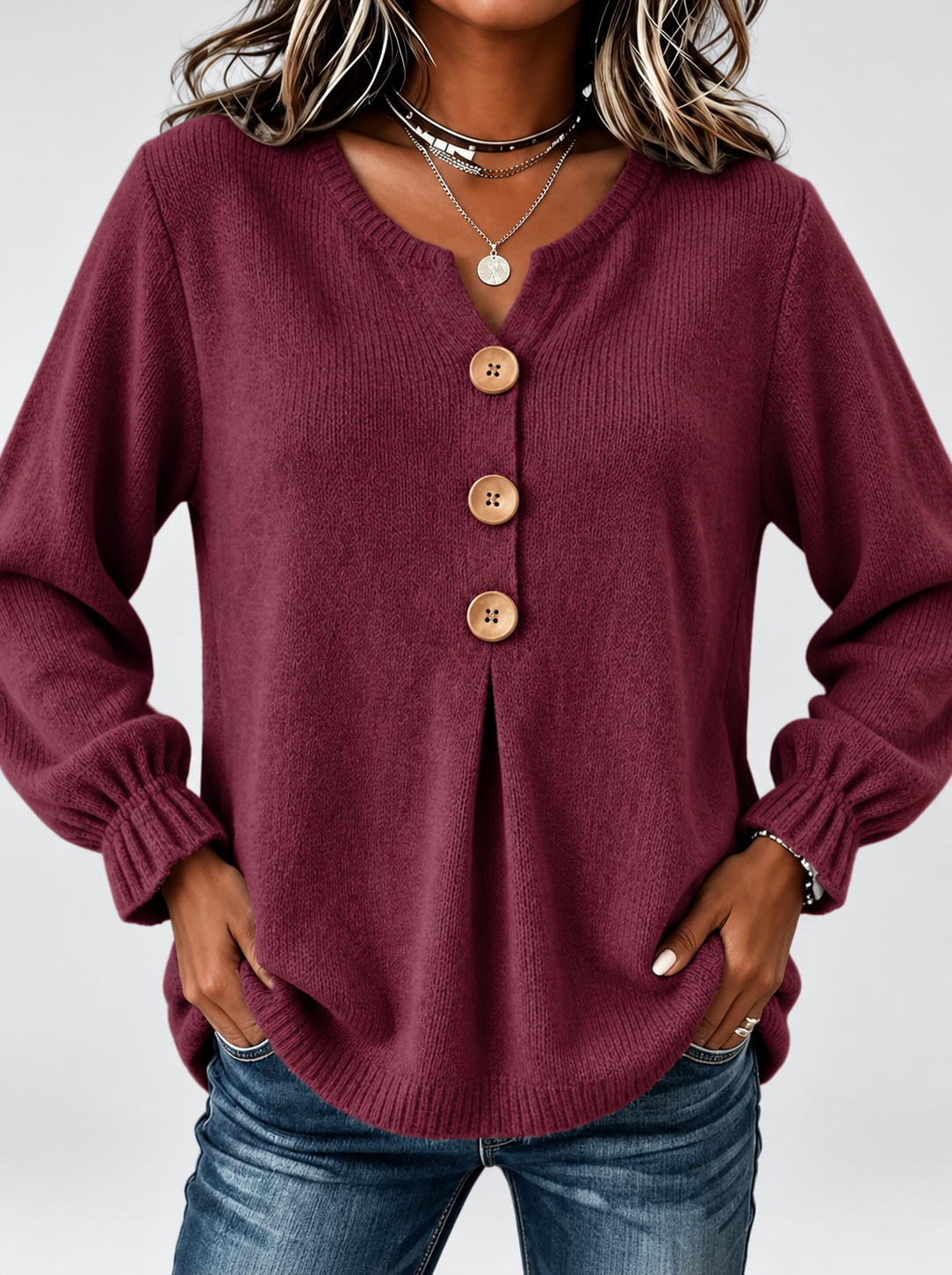 Women's Relaxed Knitted Jumper with Split Neck & Button Detail in Burgundy – front detail