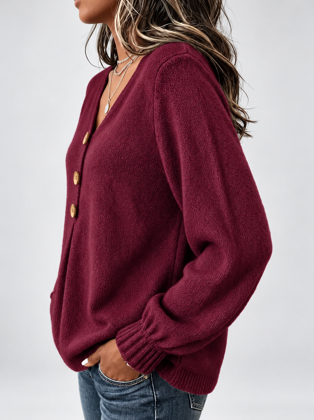 Women's Relaxed Knitted Jumper with Split Neck & Button Detail in Burgundy – side view