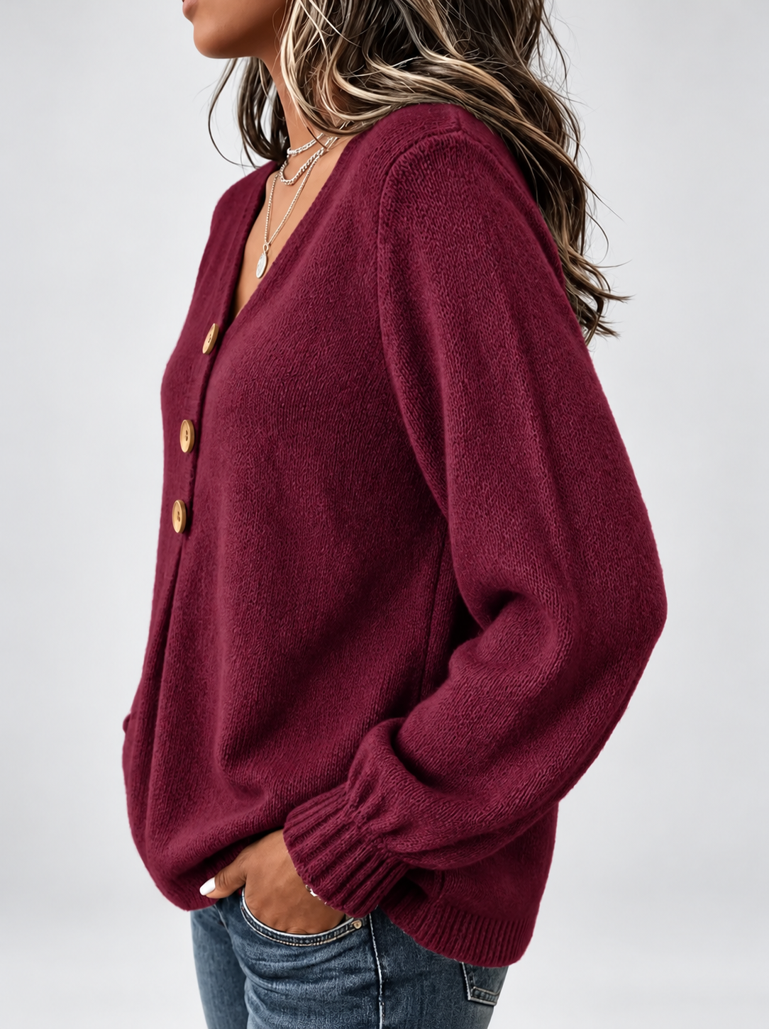 Women's Relaxed Knitted Jumper with Split Neck & Button Detail in Burgundy – side view