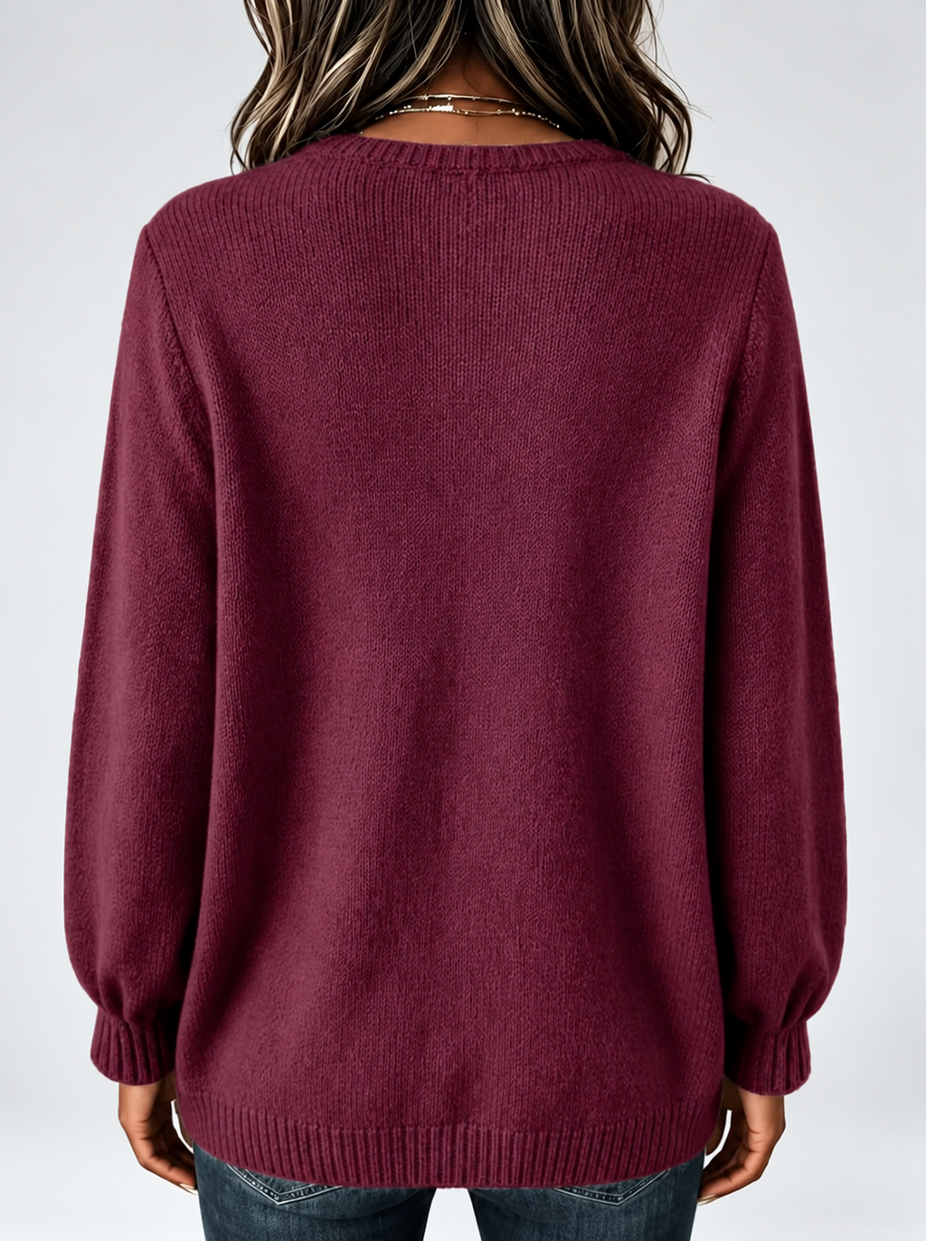 Women's Relaxed Knitted Jumper with Split Neck & Button Detail in Burgundy – back view