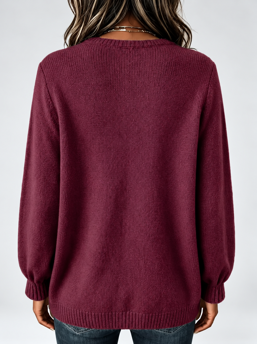 Women's Relaxed Knitted Jumper with Split Neck & Button Detail in Burgundy – back view