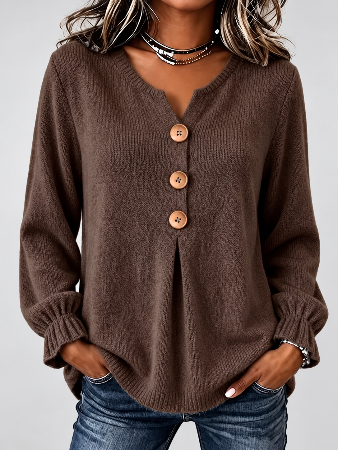 Women's Relaxed Knitted Jumper with Split Neck & Button Detail in Coffee – front view