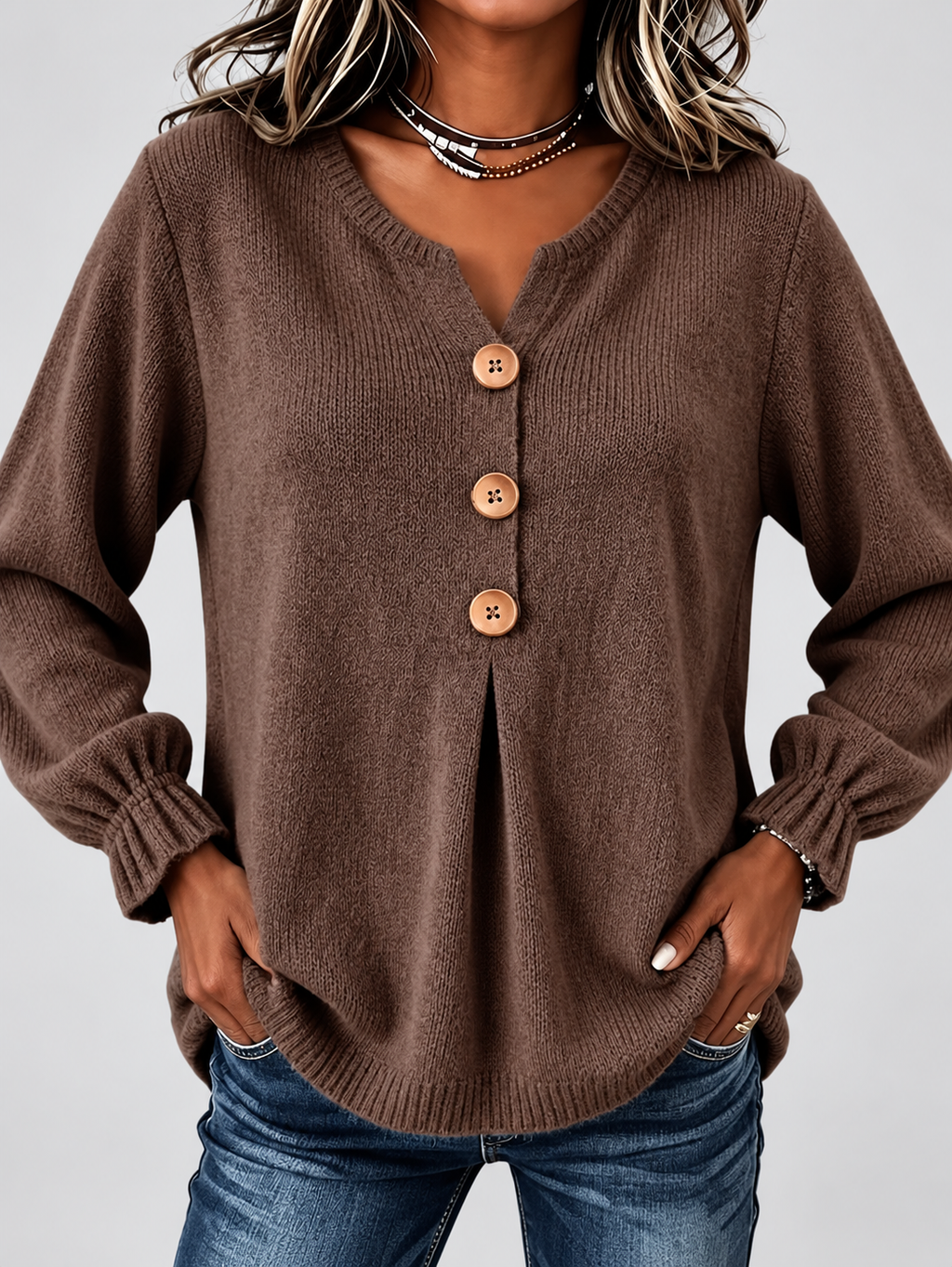 Women's Relaxed Knitted Jumper with Split Neck & Button Detail in Coffee – front detail