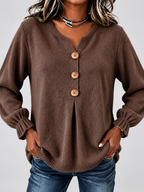 Women's Relaxed Knitted Jumper with Split Neck & Button Detail in Coffee – front detail