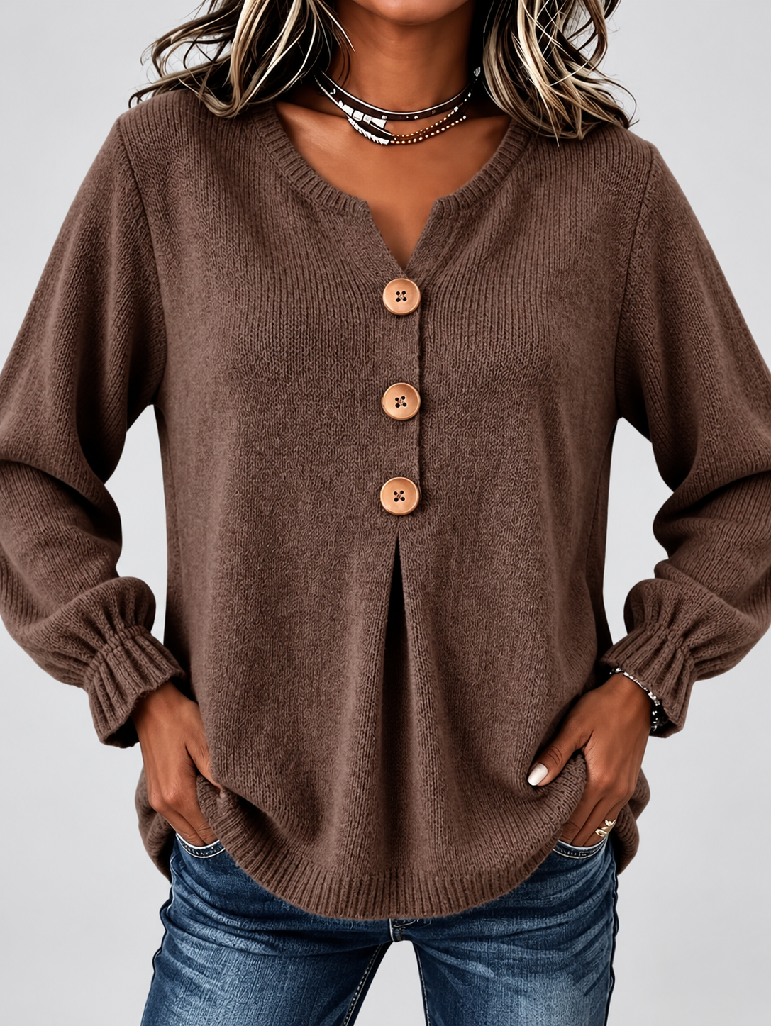 Women's Relaxed Knitted Jumper with Split Neck & Button Detail in Coffee – front detail
