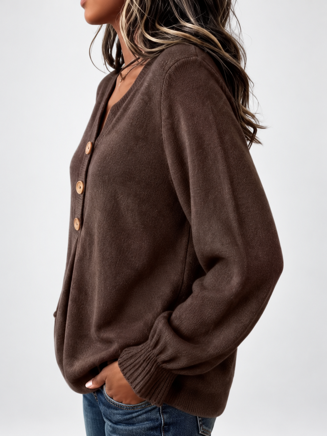 Women's Relaxed Knitted Jumper with Split Neck & Button Detail in Coffee – side view