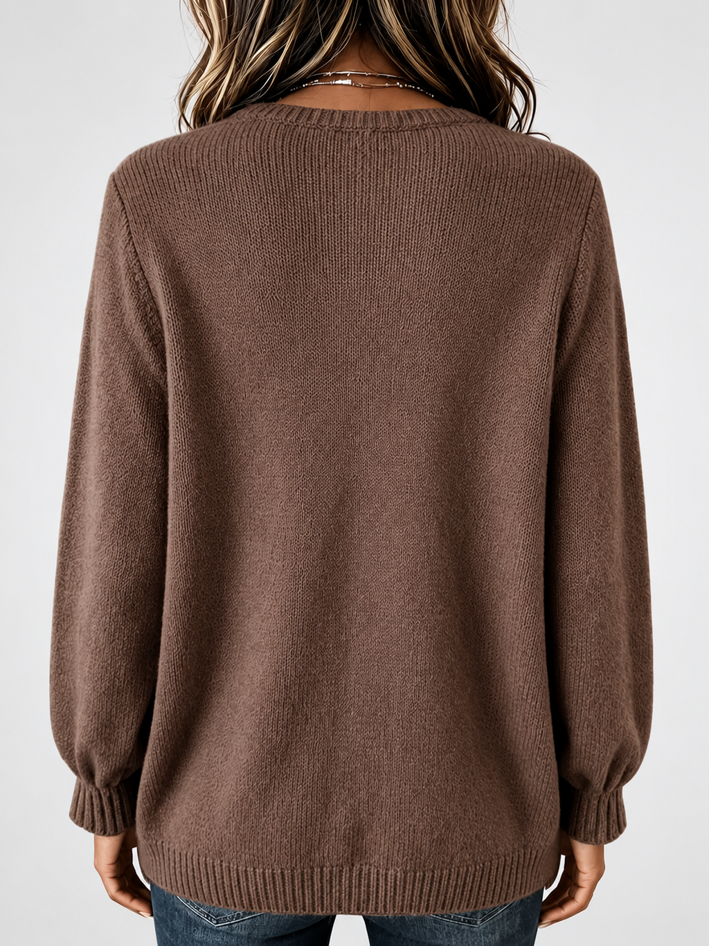 Women's Relaxed Knitted Jumper with Split Neck & Button Detail in Coffee – back view