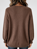 Women's Relaxed Knitted Jumper with Split Neck & Button Detail in Coffee – back view