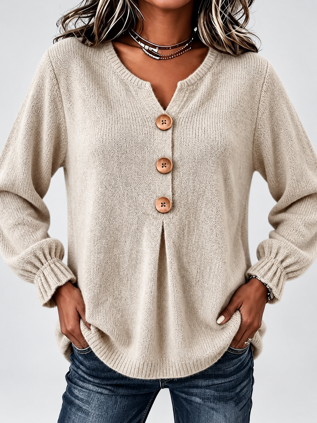 Women's Relaxed Knitted Jumper with Split Neck & Button Detail in Khaki – front detail