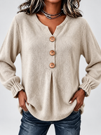 Women's Relaxed Knitted Jumper with Split Neck & Button Detail in Khaki – front detail