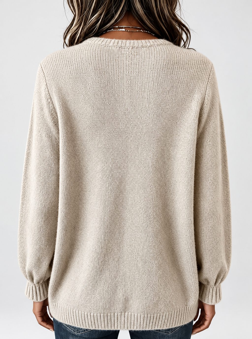 Women's Relaxed Knitted Jumper with Split Neck & Button Detail in Khaki – back view