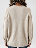 Women's Relaxed Knitted Jumper with Split Neck & Button Detail in Khaki – back view