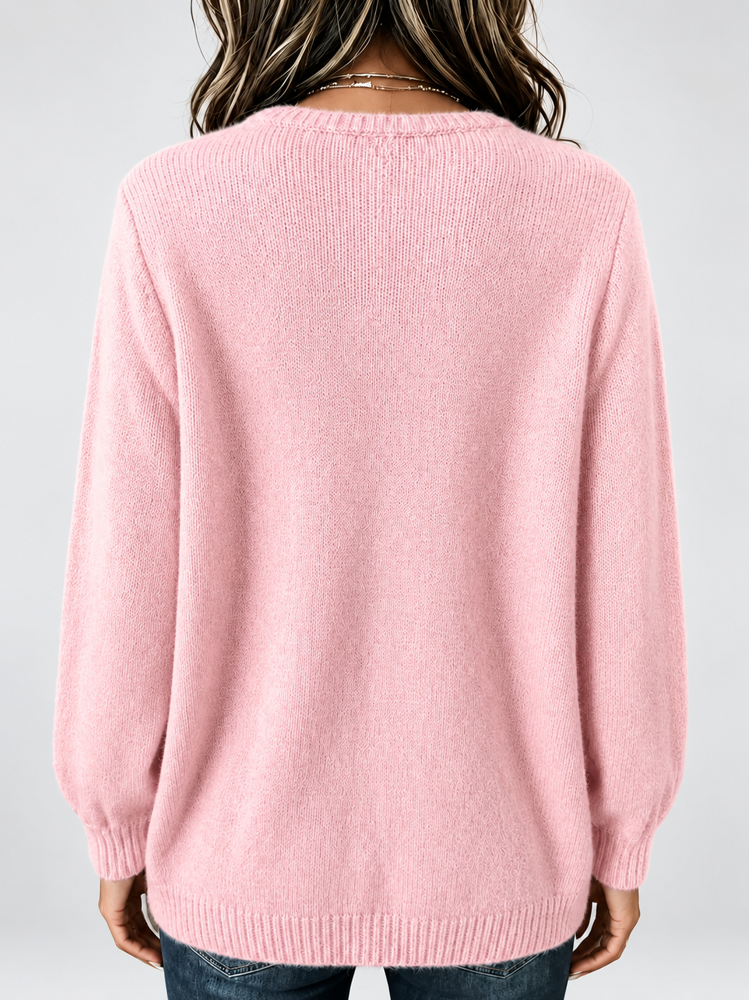 Women's Relaxed Knitted Jumper with Split Neck & Button Detail in Pink – back view