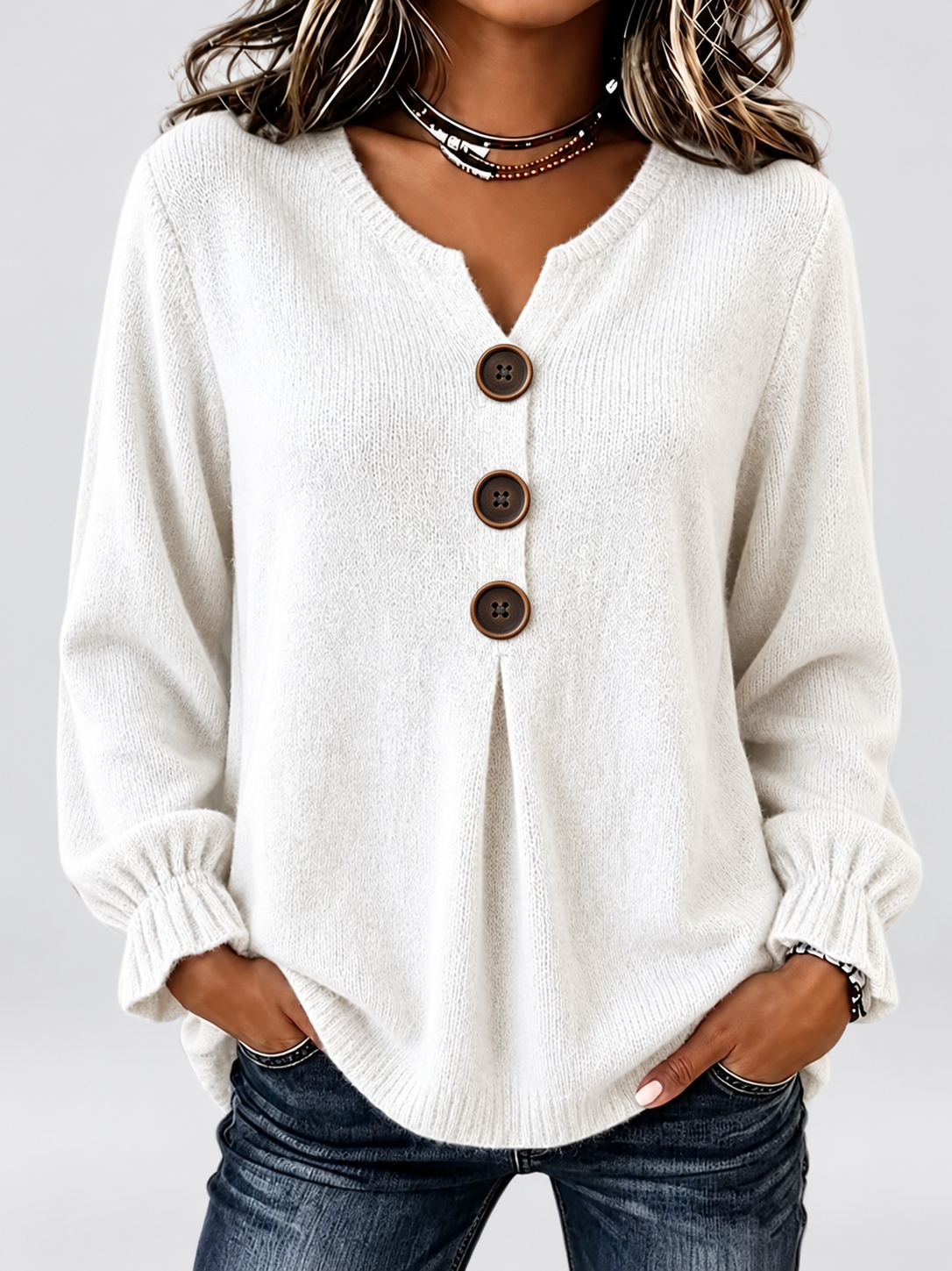 Women's Relaxed Knitted Jumper with Split Neck & Button Detail in White – front view