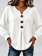 Women's Relaxed Knitted Jumper with Split Neck & Button Detail in White – front detail
