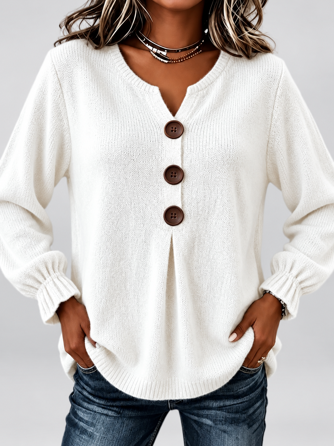 Women's Relaxed Knitted Jumper with Split Neck & Button Detail in White – front detail