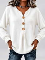 Women's Relaxed Knitted Jumper with Split Neck & Button Detail in White – front detail