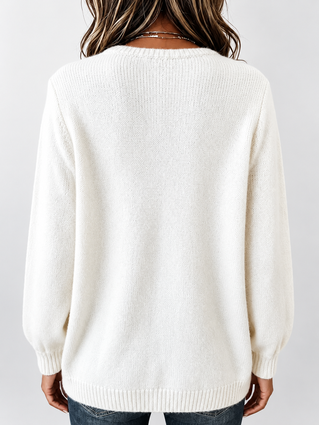 Women's Relaxed Knitted Jumper with Split Neck & Button Detail in White – back view