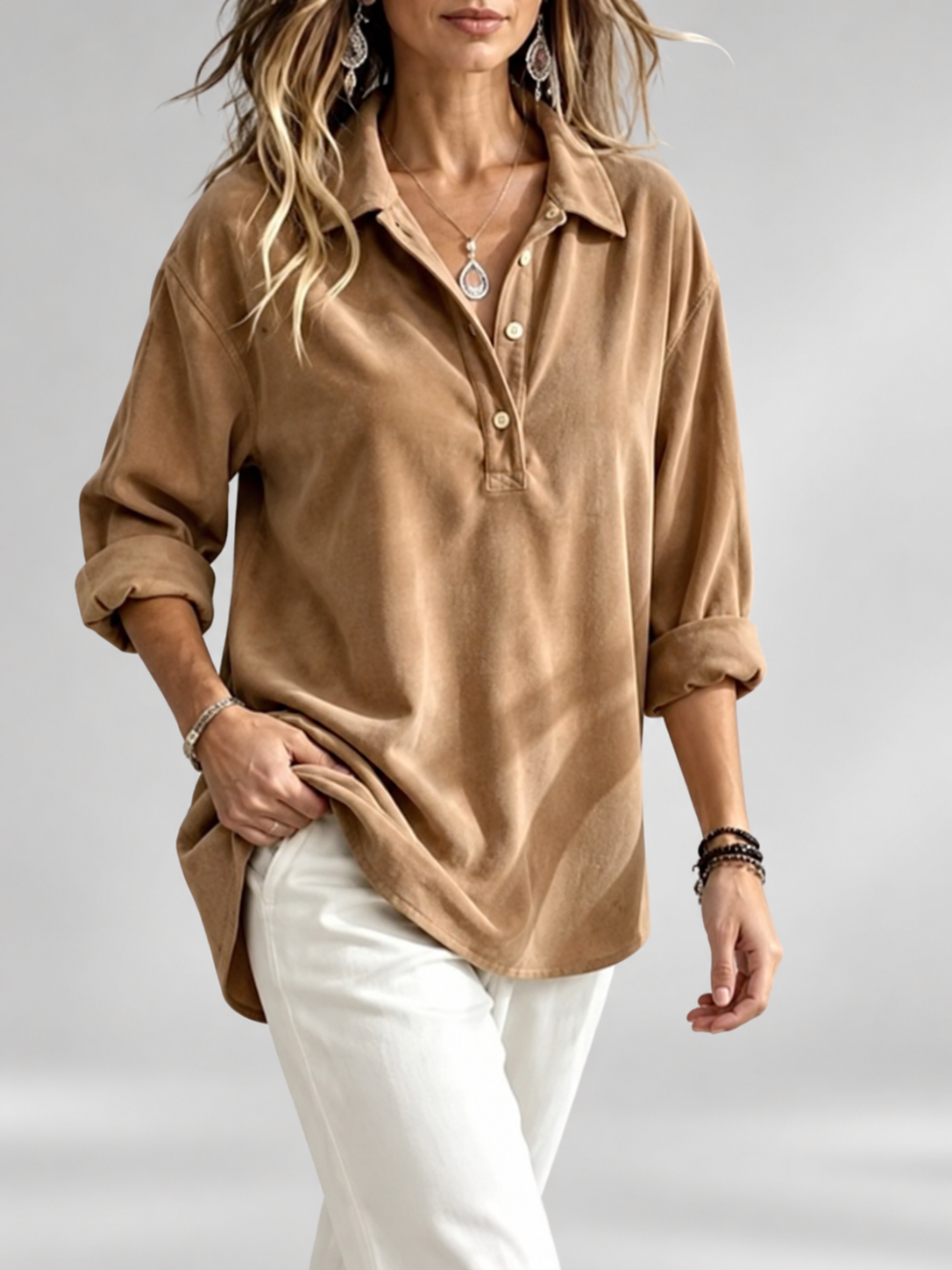 Women's relaxed ribbed blouse in Apricot