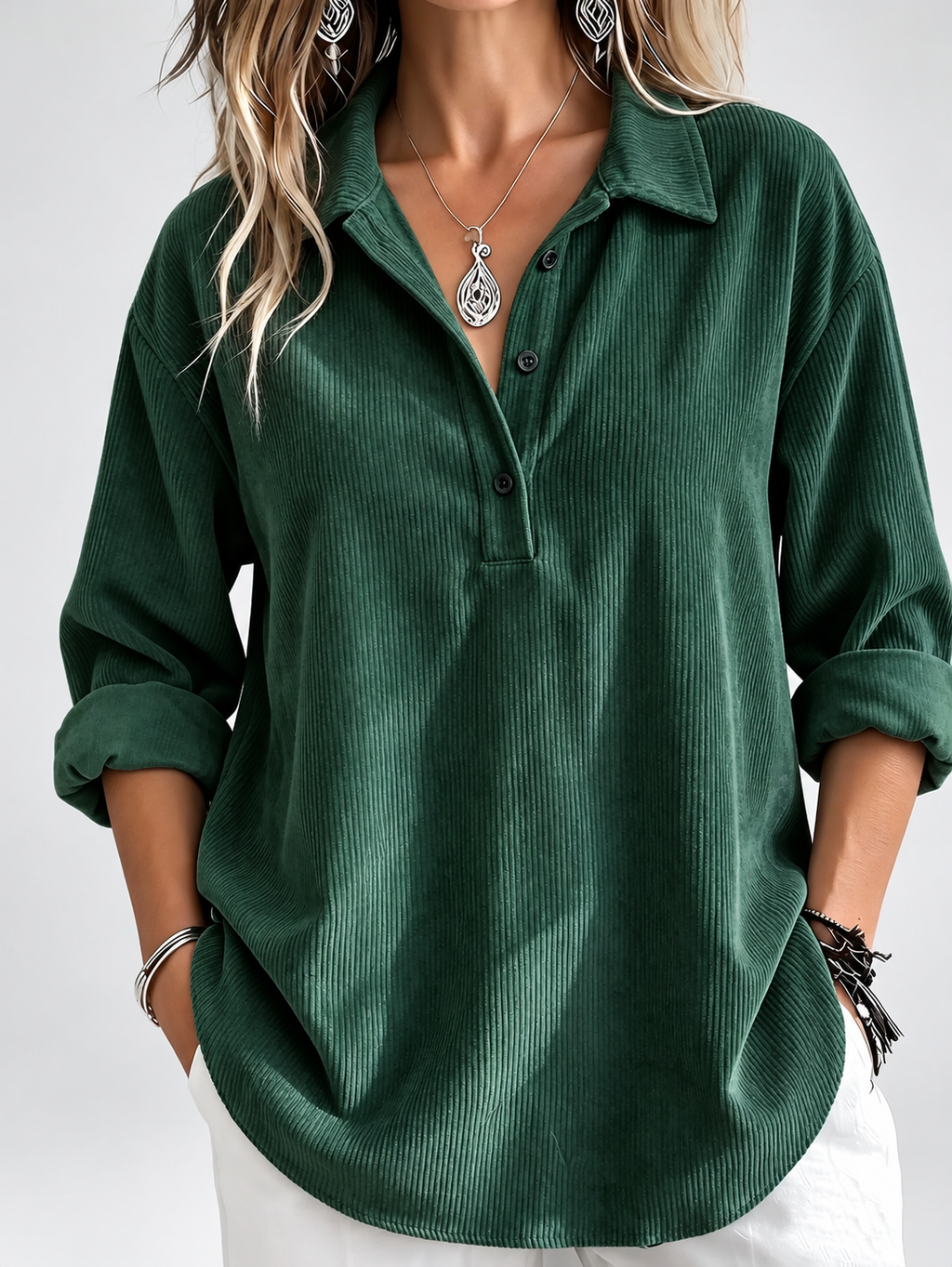 Women's relaxed ribbed blouse in dark-green