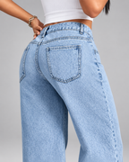 Light wash wide leg jeans back pocket detail