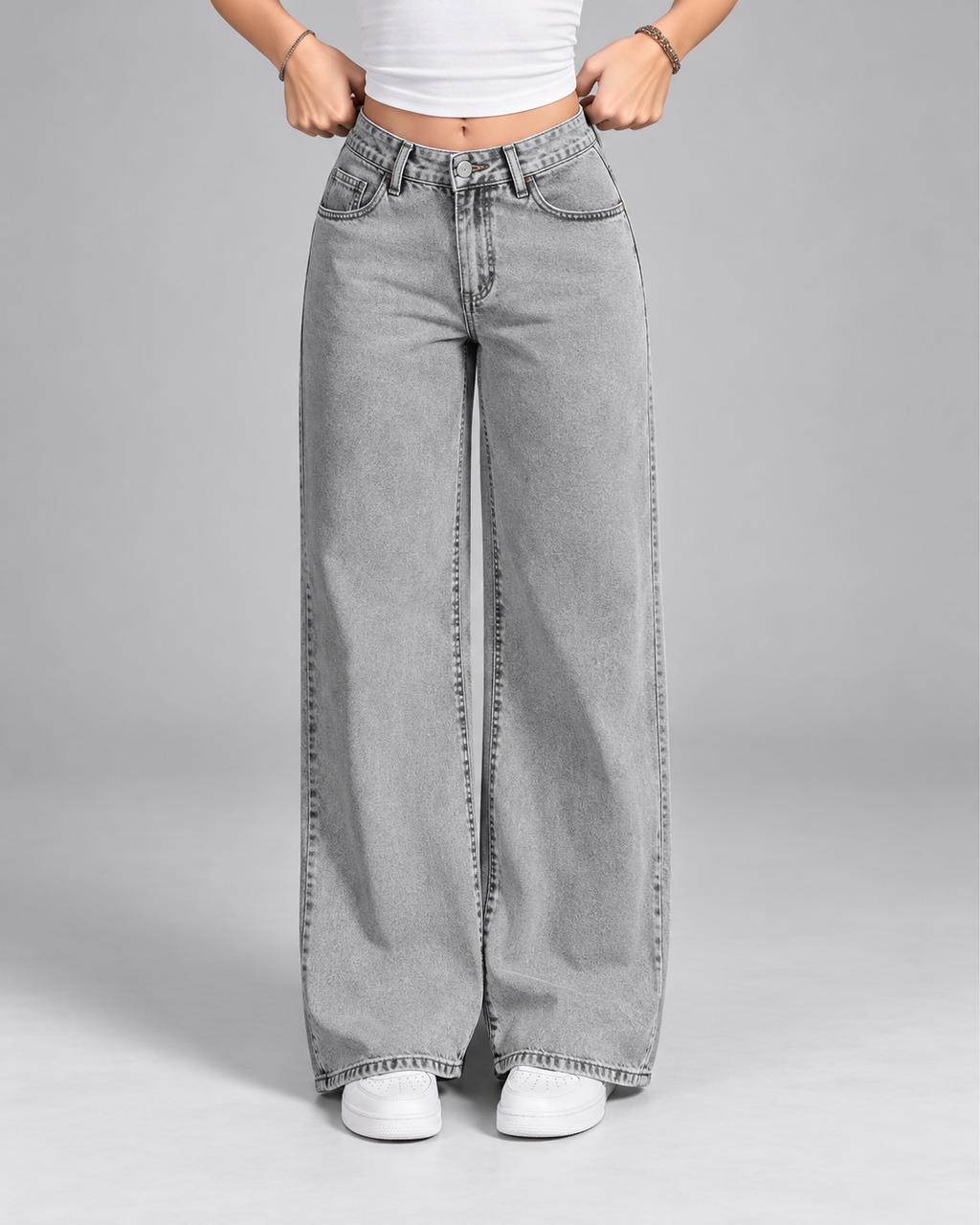 Grey mid rise wide leg jeans front