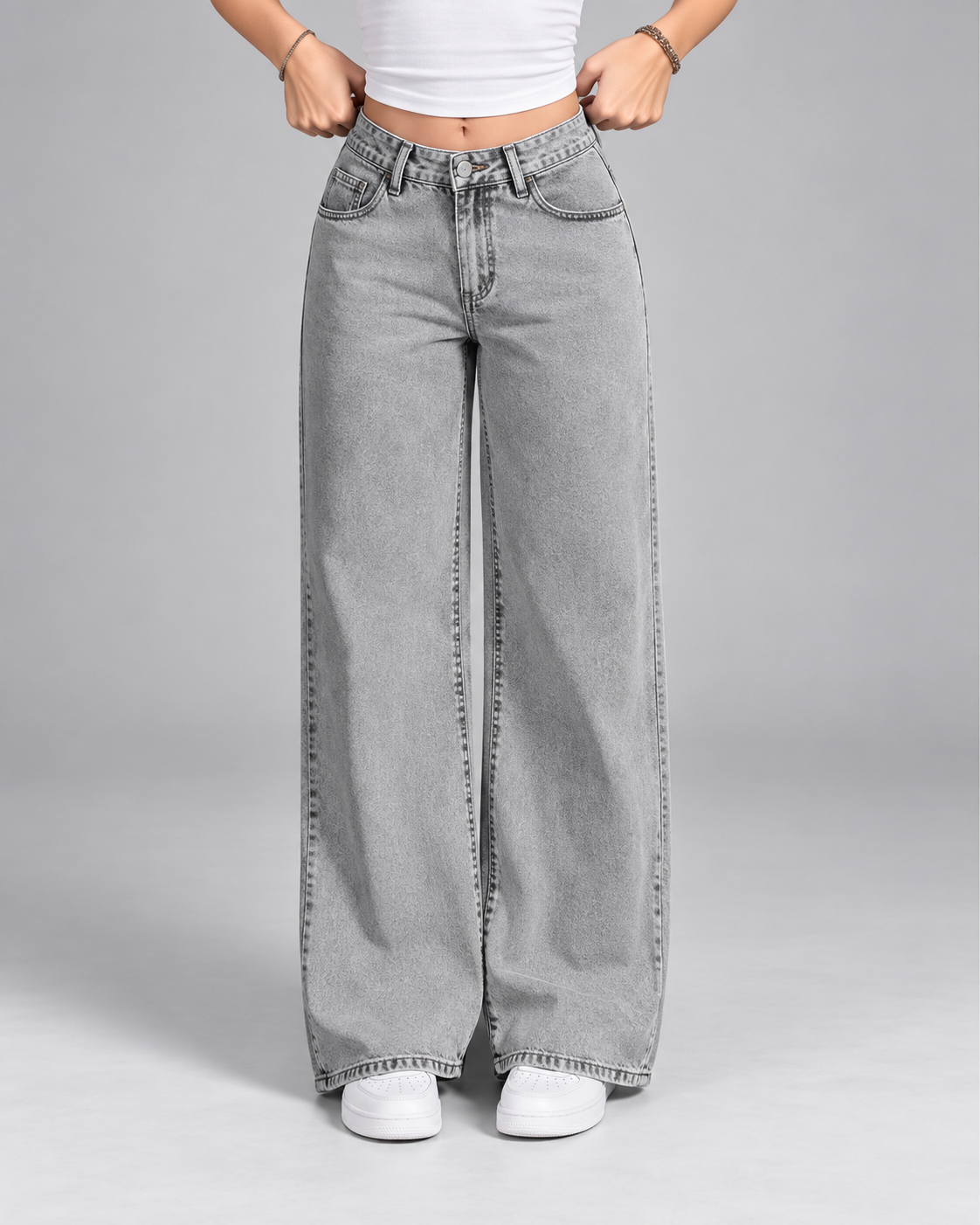 Grey mid rise wide leg jeans front