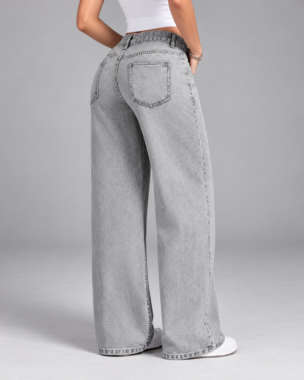 Grey mid rise wide leg jeans back