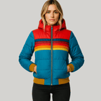 Women's Retro Striped Puffer Jacket with Hood and Zip Front