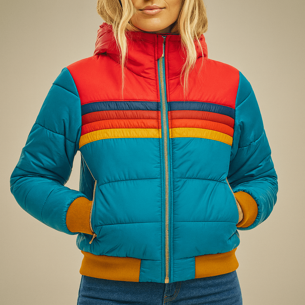 Women's Retro Striped Puffer Jacket with Hood and Zip Front
