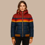 Women's Retro Striped Puffer Jacket with Hood and Zip Front