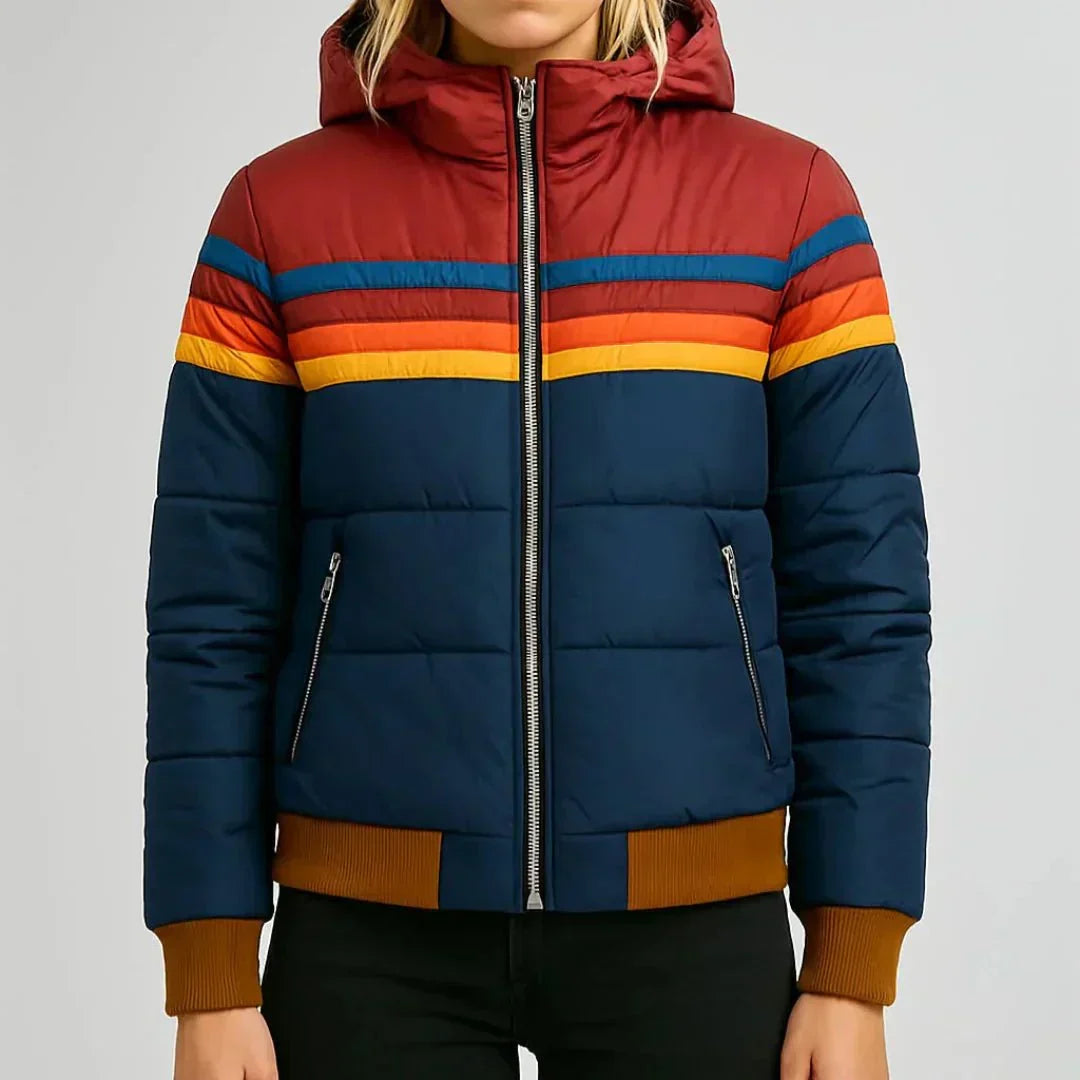 Women's Retro Striped Puffer Jacket with Hood and Zip Front