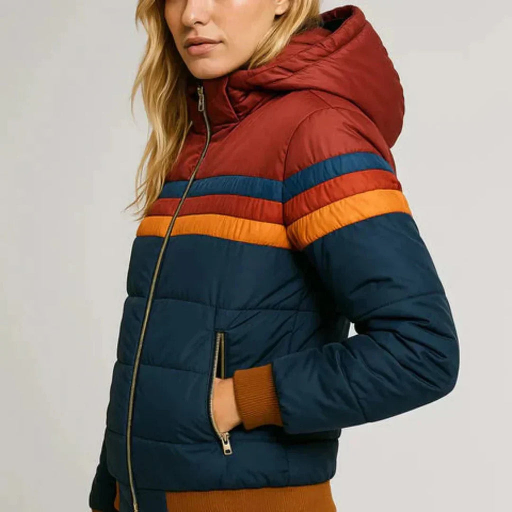 Women's Retro Striped Puffer Jacket with Hood and Zip Front