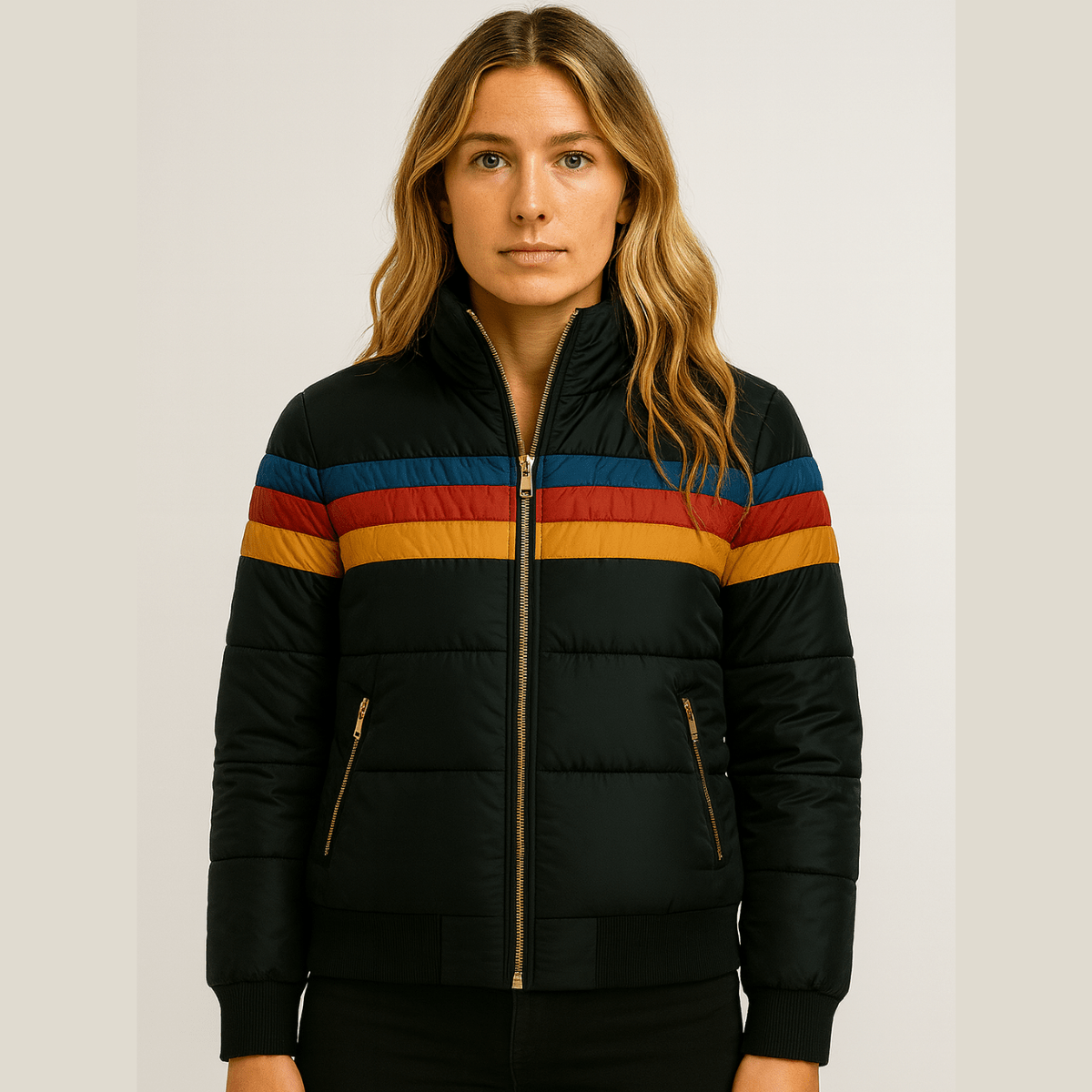 Women's Retro Striped Puffer Jacket with Hood and Zip Front