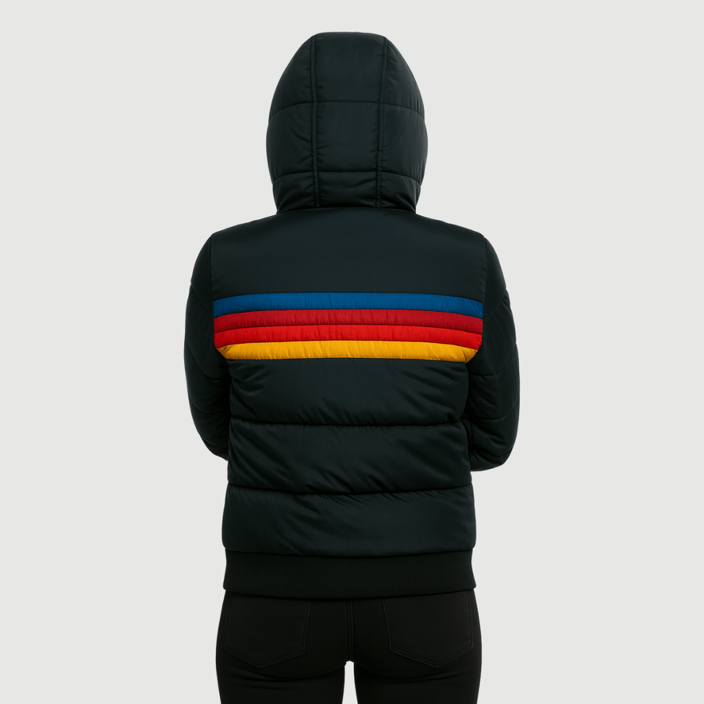 Women's Retro Striped Puffer Jacket with Hood and Zip Front