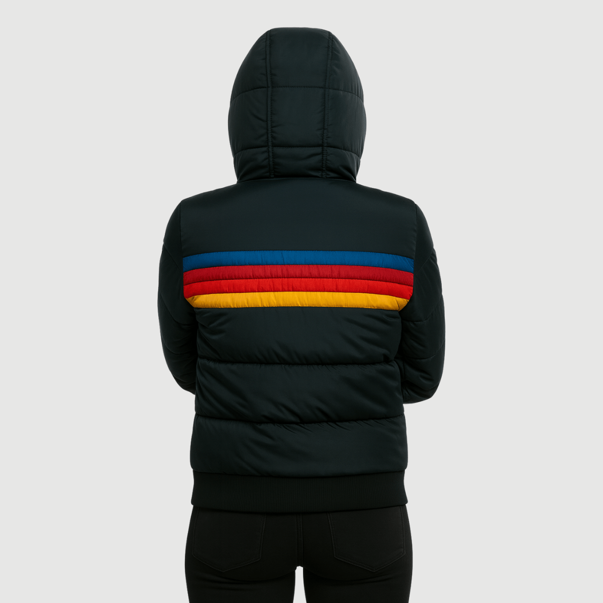 Women's Retro Striped Puffer Jacket with Hood and Zip Front