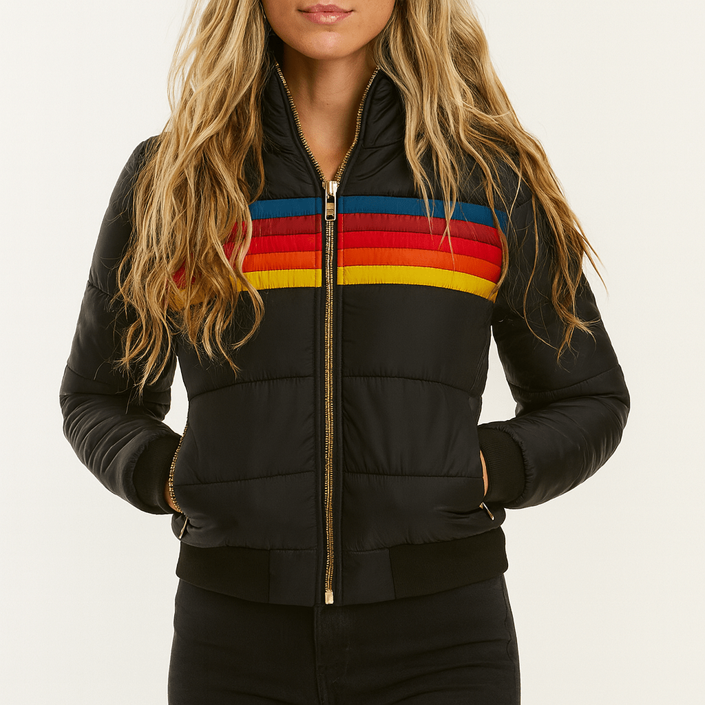 Women's Retro Striped Puffer Jacket with Hood and Zip Front