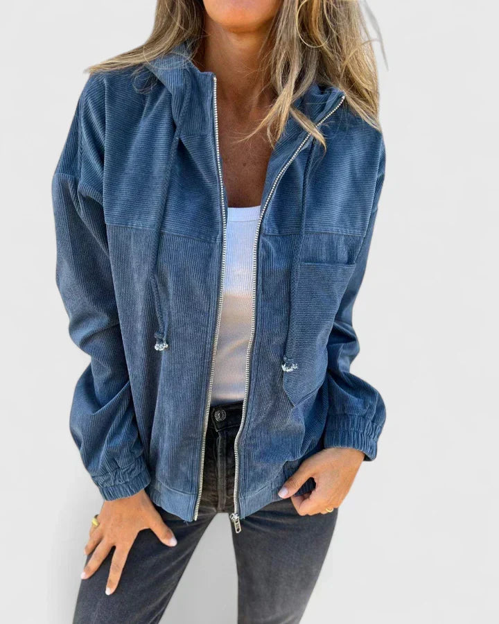 Women's Ribbed Hooded Jacket with Zip Front