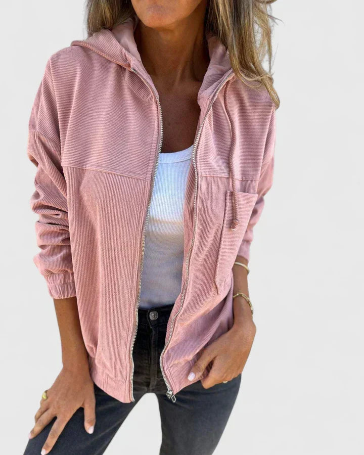 Women's Ribbed Hooded Jacket with Zip Front