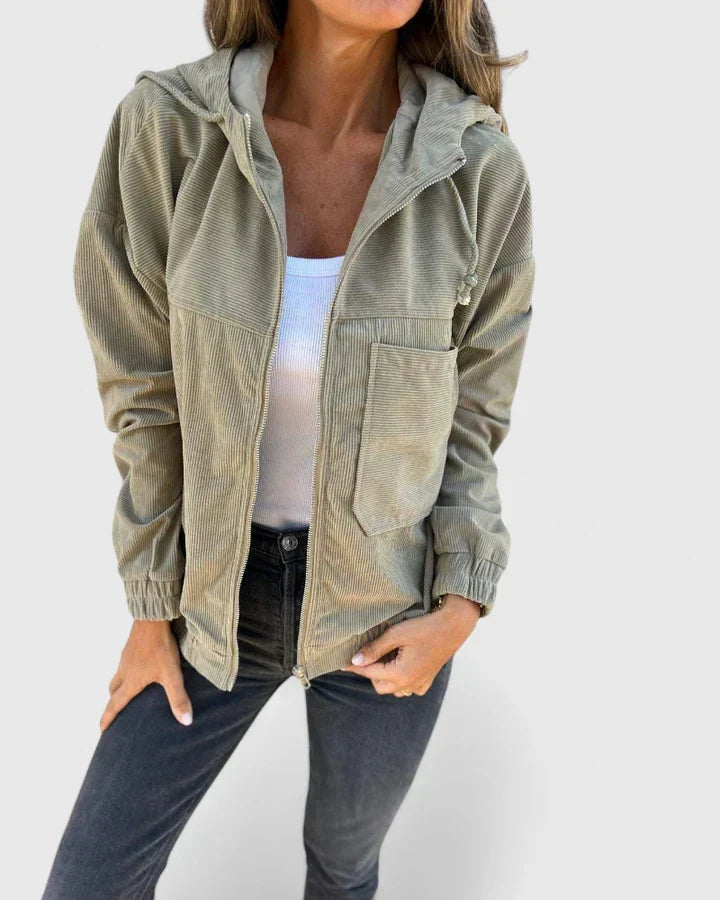 Women's Ribbed Hooded Jacket with Zip Front