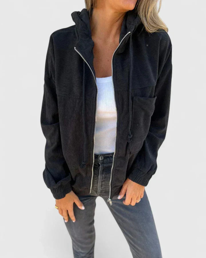 Women's Ribbed Hooded Jacket with Zip Front