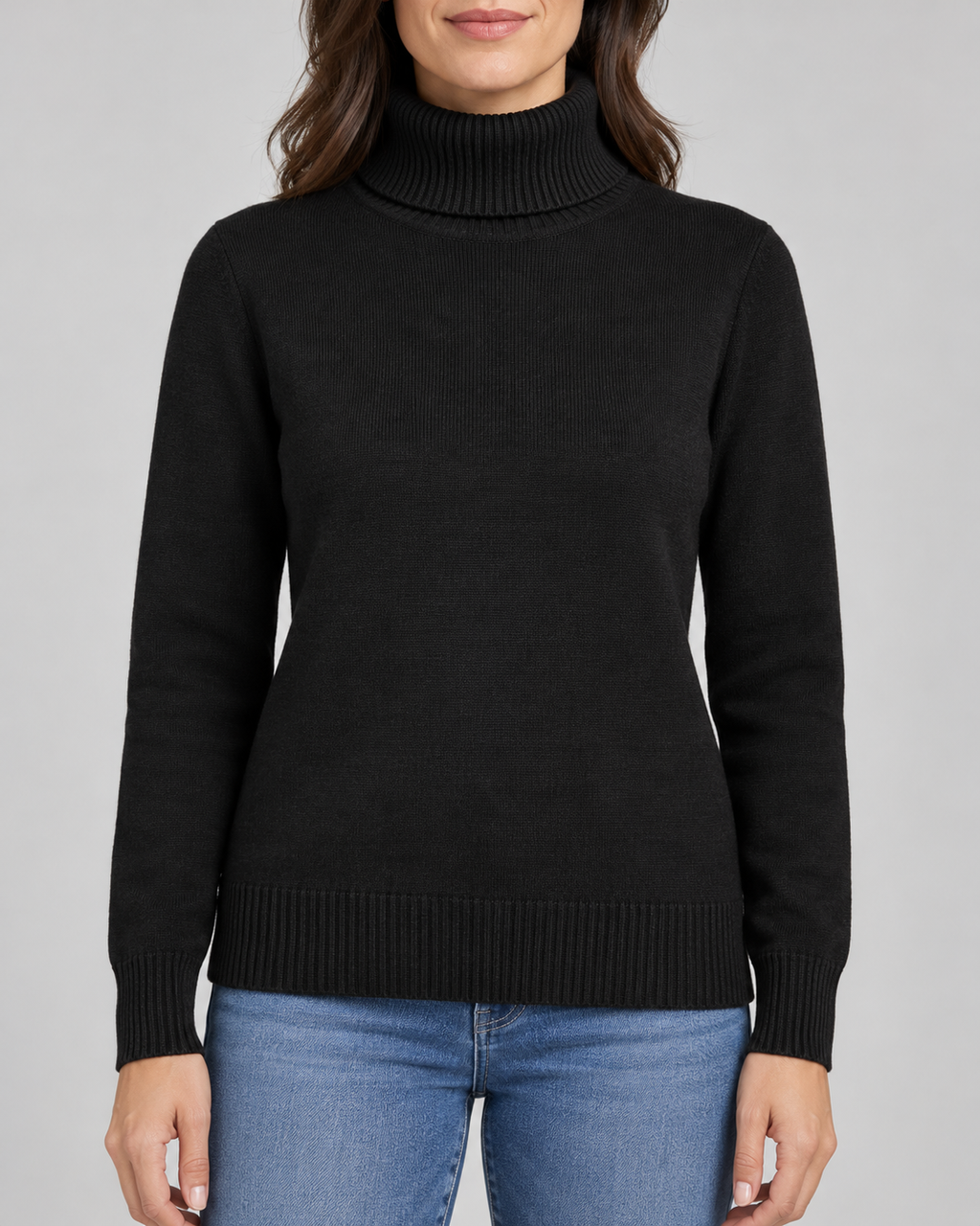 Women's Ribbed Knit Roll Neck Jumper with Plush Lined Interior in Black – Front View